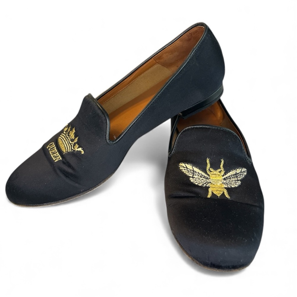Jon Josef Gatsby Queen Bee Elegant Black Satin Loafers with Gold Stitch Academia